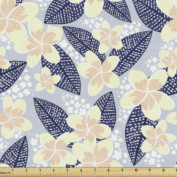 Ambesonne Floral Fabric by the Yard Upholstery, Pastel Frangipani Leaves, 5 Yards, Pale Ceil Blue and Multicolor