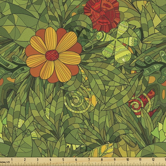 Ambesonne Floral Fabric by the Yard Upholstery, Fractal Retro Jungle Art, 1 Yard, Olive Green Vermilion