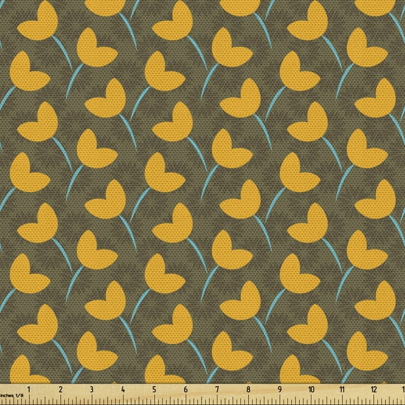 Floral Fabric by the Yard, Geometric and Basic Flower Silhouettes Vintage Strokes and Motifs, Decorative Upholstery Fabric for Sofas and Home Accents, Orange Taupe by Ambesonne