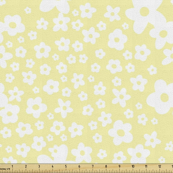 Floral Fabric by the Yard, Graphic Daisy Blossoms Design on Yellow Background Spring Flowers Art, Upholstery Fabric for Dining Chairs Home Decor Accents, Yellow White by Ambesonne