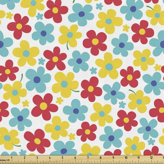 Floral Fabric by the Yard, Graphical Blossoming Spring Flower Motifs, Decorative Upholstery Fabric for Sofas and Home Accents, Multicolor by Ambesonne
