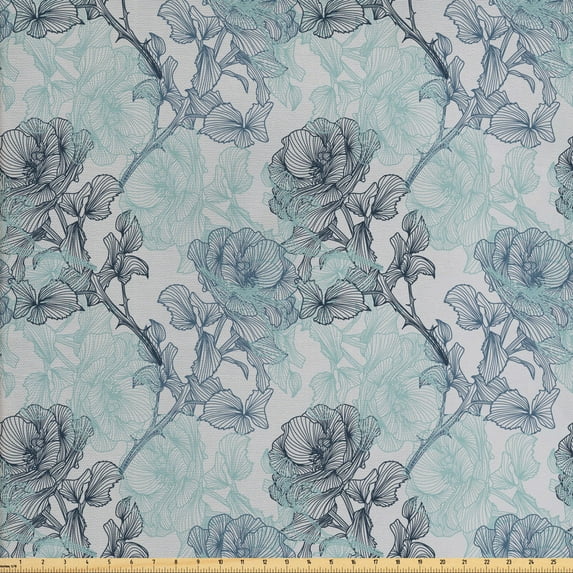 Ambesonne Floral Fabric by the Yard Upholstery, Grunge Look Roses Sketch, 5 Yards, Blue Grey Multicolor