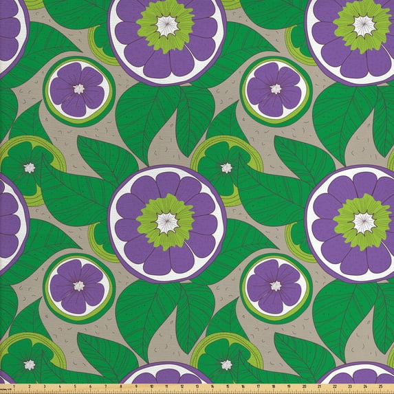 Floral Fabric by the Yard, Hand Drawing Fruits and Leaves Lemons, Decorative Upholstery Fabric for Sofas and Home Accents, Fern Green Tan Violet by Ambesonne