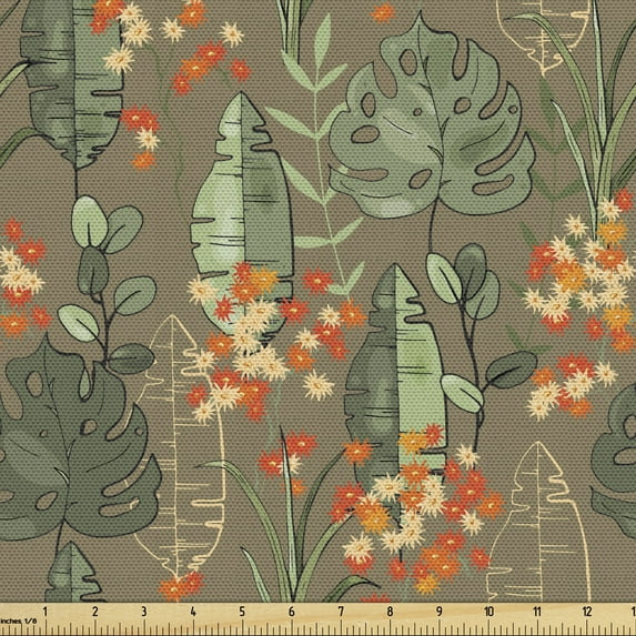 Ambesonne Floral Fabric by the Yard Upholstery, Exotic Big Leaves Garden Art, 10 Yards, Sepia Multicolor