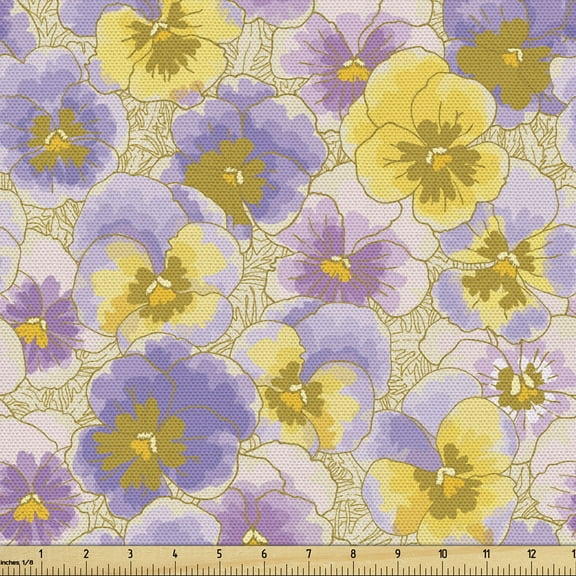 Ambesonne Floral Fabric by the Yard Upholstery, Hand Drawn Pansy Garden, 1 Yard, Lavender Lilac Yellow