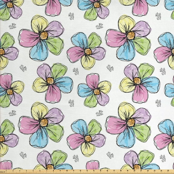 Floral Fabric by the Yard, Hand Drawn Sketches of Flower Motifs Scribbled Petals Blossoming Garden Art, Upholstery Fabric for Dining Chairs Home Decor Accents, Multicolor by Ambesonne