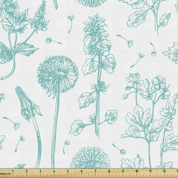 Ambesonne Floral Fabric by the Yard Upholstery, Wildflowers Drawn by Hand, 2 Yards, Cadet Blue White