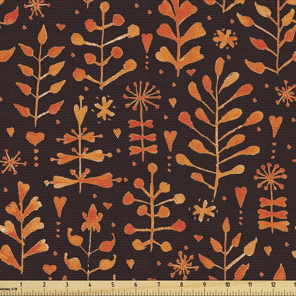 Floral Fabric by the Yard, Hand Drawn Watercolor Design with Autumn Season Theme Warm Toned Abstract Foliage, Upholstery Fabric for Dining Chairs Home Decor Accents, Orange Maroon by Ambesonne