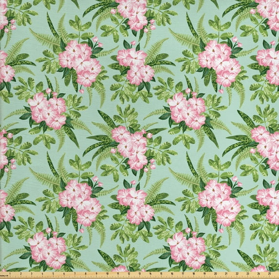 Ambesonne Floral Fabric by the Yard Upholstery, Hibiscus Blooming Bouquets, 10 Yards, Olive Green Seafoam Pink