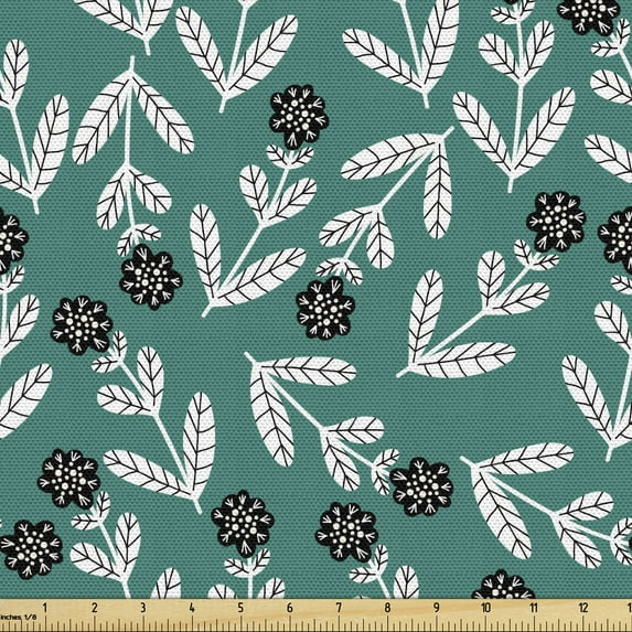 Floral Fabric by the Yard, Illustration of Abstract Surreal Flower Motifs with Stripes and Leaves, Decorative Upholstery Fabric for Sofas and Home Accents, Teal White Charcoal Grey by Ambesonne