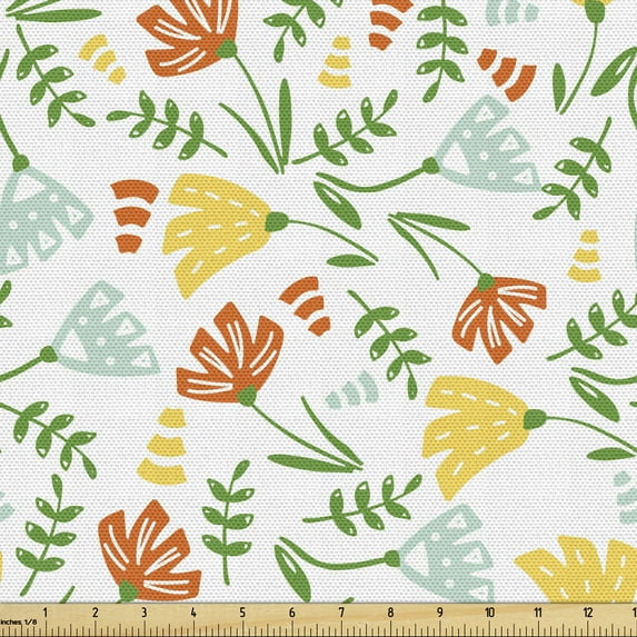 Ambesonne Floral Fabric by the Yard Upholstery, Summer Seasonal Branches, 1 Yard, White Multicolor