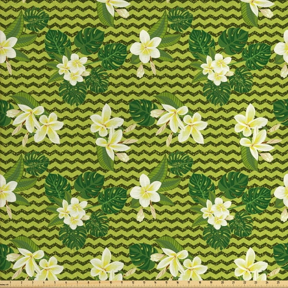 Floral Fabric by the Yard, Illustration of Exotic Flowers and Leaves on a Background of Zigzags, Decorative Upholstery Fabric for Sofas and Home Accents, Apple Green Multicolor by Ambesonne