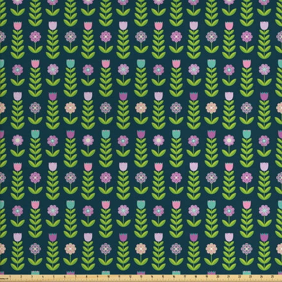 Ambesonne Floral Fabric by the Yard Upholstery, Graphical Geometric Flowers, 5 Yards, Fern Green Dark Teal