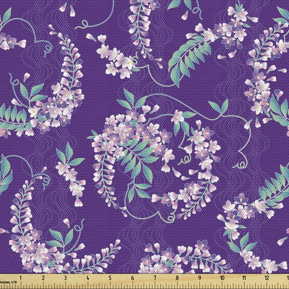 Floral Fabric by the Yard, Illustration of Japanese Style Wisteria Flowers Blossoming, Upholstery Fabric for Dining Chairs Home Decor Accents, Purple Seafoam by Ambesonne