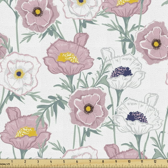 Floral Fabric by the Yard, Illustration of Repetitive Wild Blooming Flowers on Plain Background, Decorative Upholstery Fabric for Sofas and Home Accents, White Rose and Pale Teal by Ambesonne