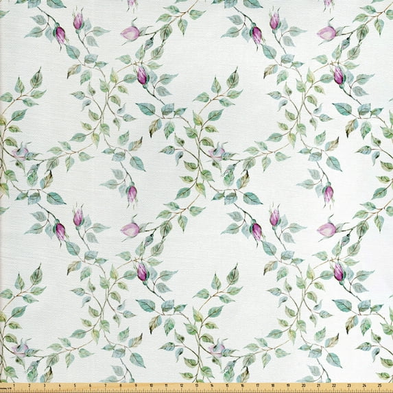 Ambesonne Floral Fabric by the Yard Upholstery, Twiggy Rose Branches, 3 Yards, Purple Grey Blue Grey