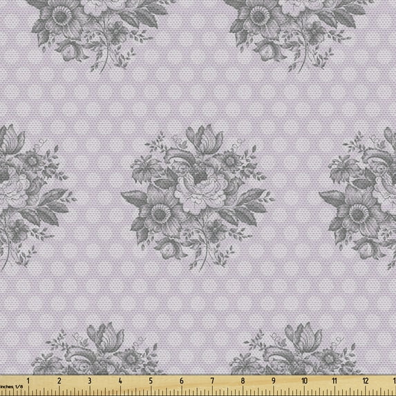 Ambesonne Floral Fabric by the Yard Upholstery, Hand Drawn Flowers and Dots, 1 Yard, Pale Mauve Charcoal Grey