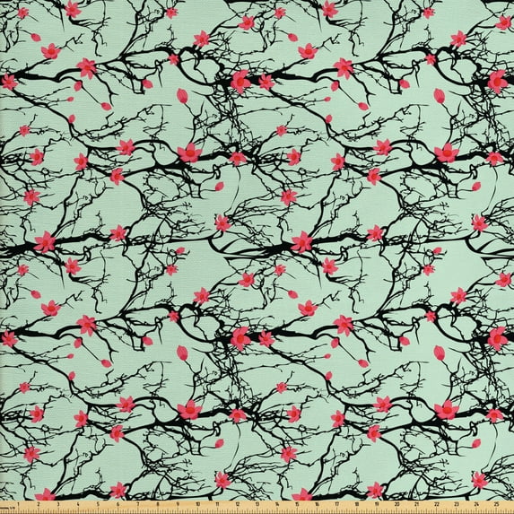 Ambesonne Floral Fabric by the Yard Upholstery, Japanese Sakura Branches, 10 Yards, Mint Green Pink