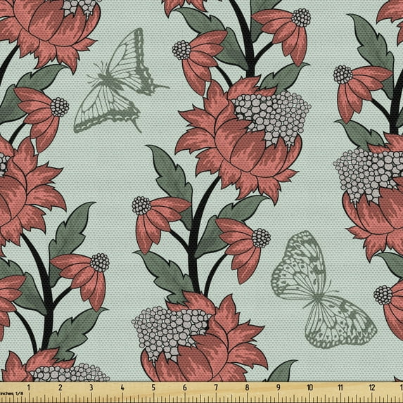 Ambesonne Floral Fabric by the Yard Upholstery, Flower Butterfly Silhouettes, 1 Yard, Pale Blue Coral