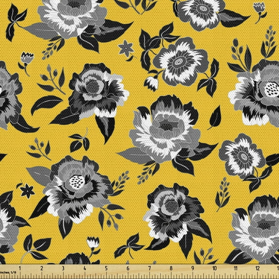 Ambesonne Floral Fabric by the Yard Upholstery, Flowers in Greyscale Tones, 2 Yards, Earth Yellow Grey