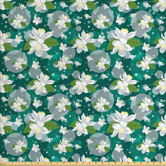 Floral Fabric by the Yard, Lemon Flowers and Leaves Irregular Rounds, Decorative Upholstery Fabric for Chairs & Home Accents, Dark Seafoam Teal by Ambesonne
