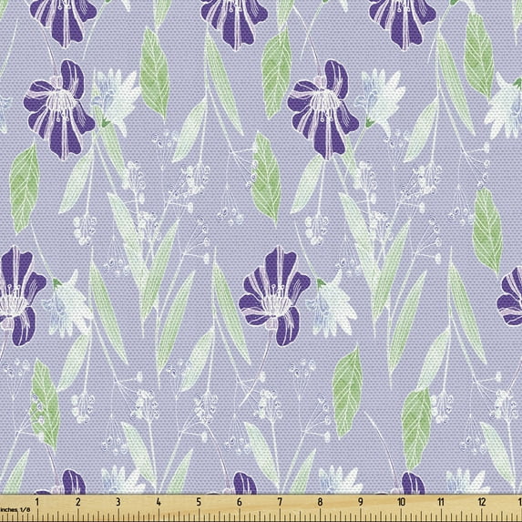 Ambesonne Floral Fabric by the Yard Upholstery, Lila Blossoms Sketch Style, 1 Yard, Ceil Blue Multicolor
