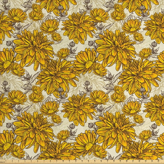 Ambesonne Floral Fabric by the Yard Upholstery, Vintage Bouquet Botany, 3 Yards, Earth Yellow Beige