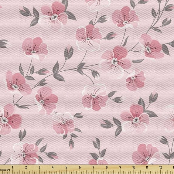 Ambesonne Floral Fabric by the Yard Upholstery, Romantic Linum Flower Petals, 2 Yards, Pale Pink and Grey