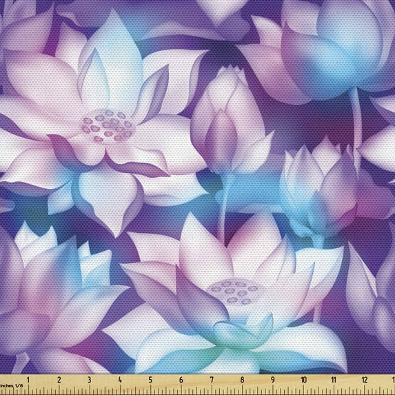 Floral Fabric by the Yard, Lotus Flower Bouquets Along Buds Discotic Color Blossoms Garden Art, Upholstery Fabric for Dining Chairs Home Decor Accents, Fuchsia and Lavender by Ambesonne