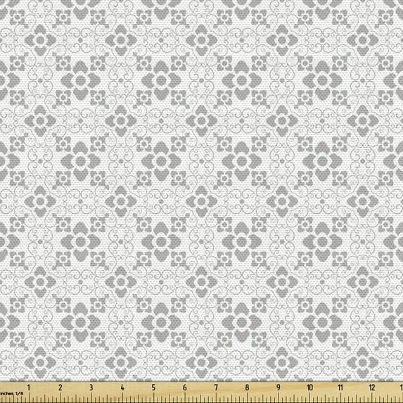 Ambesonne Floral Fabric by the Yard Upholstery, Minimalistic Flowers Art, 1 Yard, White Pale Grey