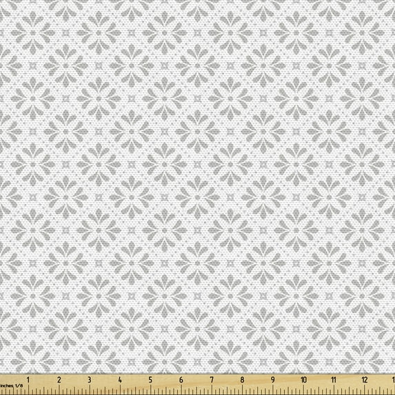 Ambesonne Floral Fabric by the Yard Upholstery, Minimalistic Grid Flowers, 5 Yards, White and Pale Grey