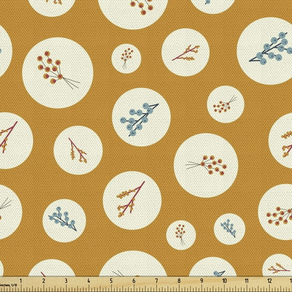 Floral Fabric by the Yard, Modern Composition of Botanical Circles Berries Branches Concept Art, Upholstery Fabric for Dining Chairs Home Decor Accents, Amber and Blue Grey by Ambesonne