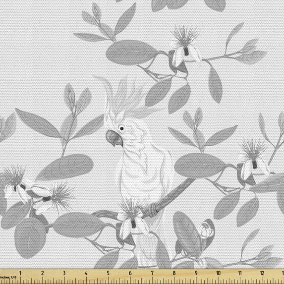 Floral Fabric by the Yard, Monochromatic Composition of Cockatoo Parrot on Feijoa Blooming Flowers Branches, Decorative Upholstery Fabric for Chairs & Home Accents, Grey and White by Ambesonne