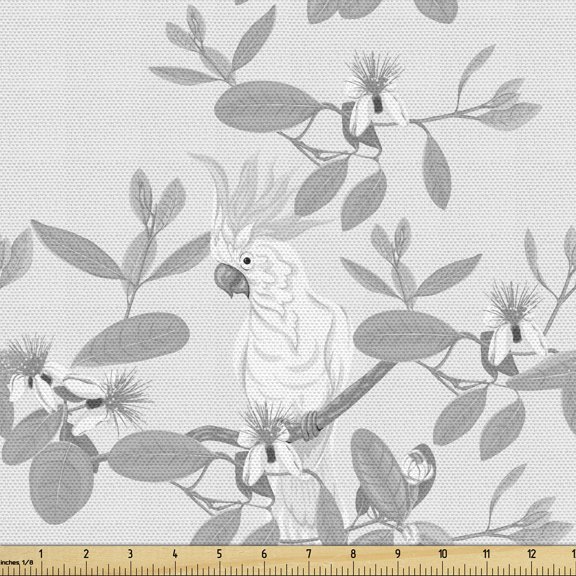 Floral Fabric by the Yard, Monochromatic Composition of Cockatoo Parrot on Feijoa Blooming Flowers Branches, Decorative Upholstery Fabric for Chairs & Home Accents, Grey and White by Ambesonne