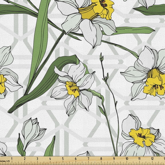 Ambesonne Floral Fabric by the Yard Upholstery, Modern Narcissus Blossoms, 1 Yard, Yellow Green and Pearl