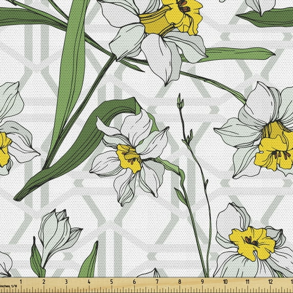 Ambesonne Floral Fabric by the Yard Upholstery, Modern Narcissus Blossoms, 1 Yard, Yellow Green and Pearl