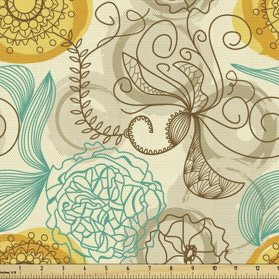 Ambesonne Floral Fabric by the Yard Upholstery, Abstract Carnations Art, 1 Yard, Tan Turquoise Marigold