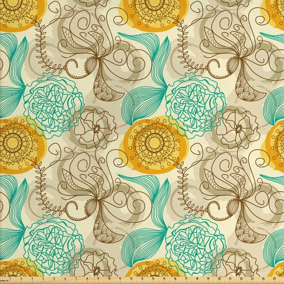 Ambesonne Floral Fabric by the Yard Upholstery, Abstract Carnations Art, 3 Yards, Tan Turquoise Marigold