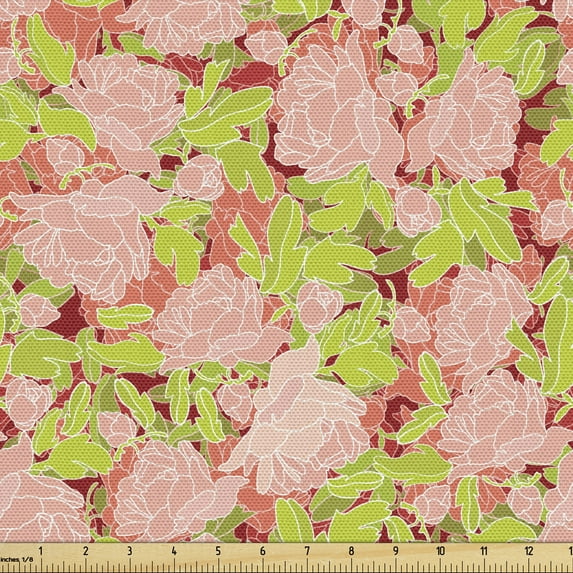 Floral Fabric by the Yard, Ornamental Blossoms and Leaves Silhouettes in Energetic Tones, Upholstery Fabric for Dining Chairs Home Decor Accents, Yellow Green Coral by Ambesonne