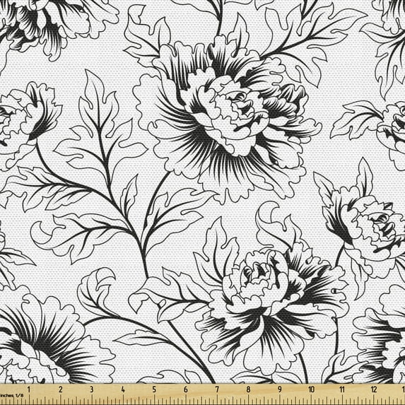 Floral Fabric by the Yard, Ornamental Flourishing Bouquets Curly Carnation Petals Monochrome Wildflower, Upholstery Fabric for Dining Chairs Home Decor Accents, Black and White by Ambesonne