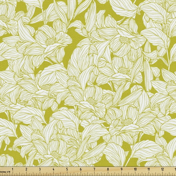 Floral Fabric by the Yard, Ornamental Sketch of Monochrome Flower Silhouettes in Continuous Pattern Art, Decorative Upholstery Fabric for Chairs & Home Accents, Khaki and White by Ambesonne