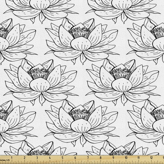 Ambesonne Floral Fabric by the Yard Upholstery, Lotus Drawings Monochrome, 3 Yards, Charcoal Grey and White