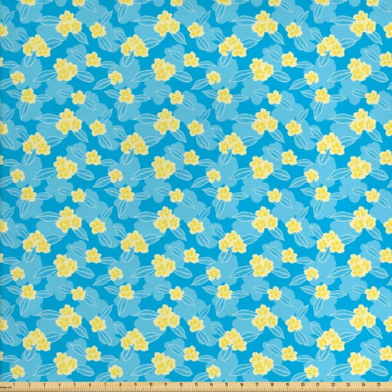 Floral Fabric by the Yard, Outline Yellow Plumeria Frangipani Spring Flowers on Blue Background, Decorative Upholstery Fabric for Sofas and Home Accents, Pale Yellow White by Ambesonne