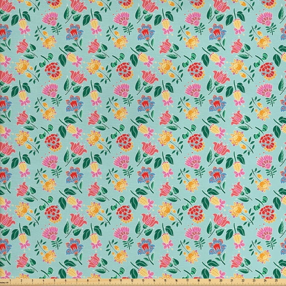 Floral Fabric by the Yard, Pansy Spring Flower Repetition Botanical Art in Nature Summer Tones, Decorative Upholstery Fabric for Sofas and Home Accents, Mint Green Multicolor by Ambesonne
