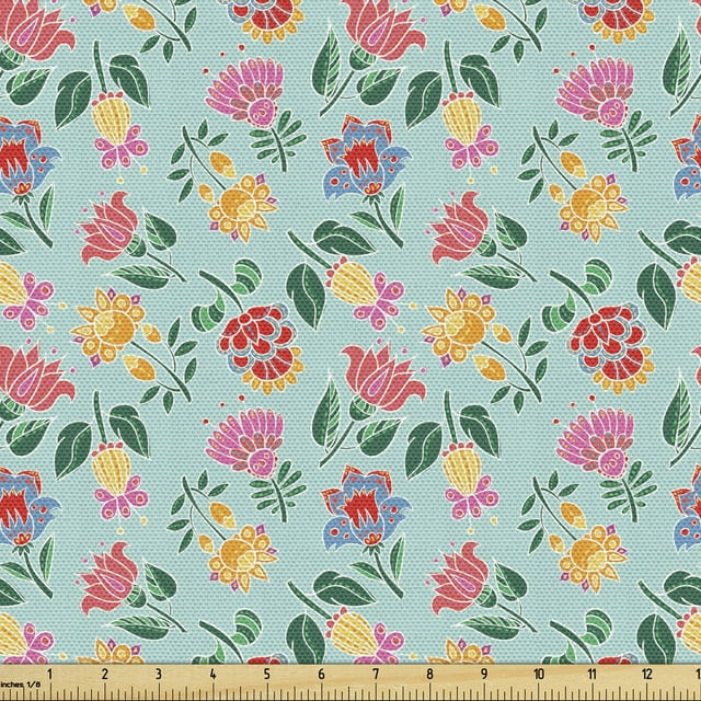 Ambesonne Floral Fabric by the Yard Upholstery, Pattern of Flowers Art, 1 Yard, Mint Green Multicolor