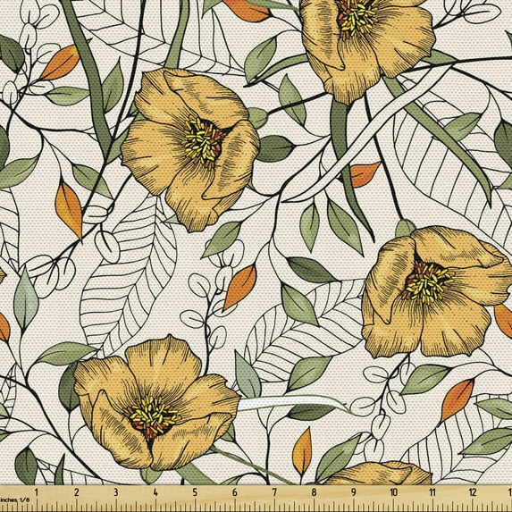 Ambesonne Floral Fabric by the Yard Upholstery, Flowers and Striped Leaves, 1 Yard, Eggshell and Multicolor