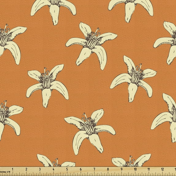 Ambesonne Floral Fabric by the Yard Upholstery, Flowering Lily Blossoms Art, 1 Yard, Dark Orange and Cream