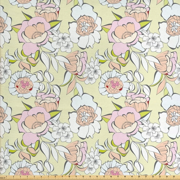 Floral Fabric by the Yard, Pastel Tones Illustration Abstract Flowers Romance with Delicate Motif Print, Decorative Upholstery Fabric for Sofas and Home Accents, Multicolor by Ambesonne