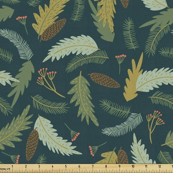 Ambesonne Floral Fabric by the Yard Upholstery, Ornamental Plants Leaves, 5 Yards, Hunter Green Multicolor