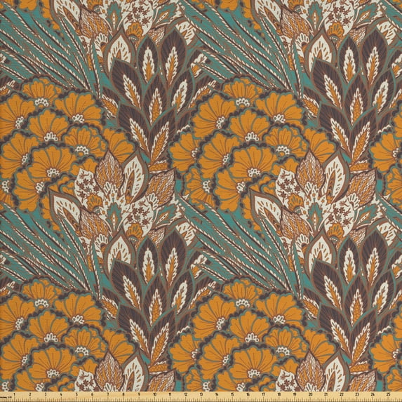 Floral Fabric by the Yard, Pattern of Flowers and Peacock Feathers Floral Arrangement Art, Upholstery Fabric for Dining Chairs Home Decor Accents, Petrol Blue Pale Coffee by Ambesonne